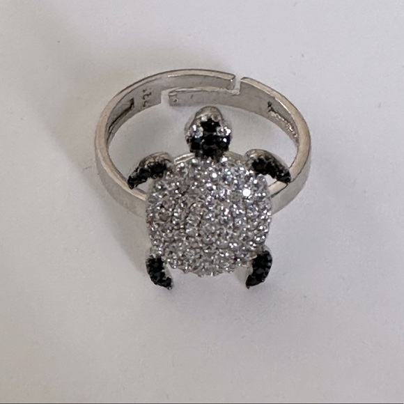 925 Sterling silver turtle ring clear / black cubic zirconia cz stones - Picture 4 of 4